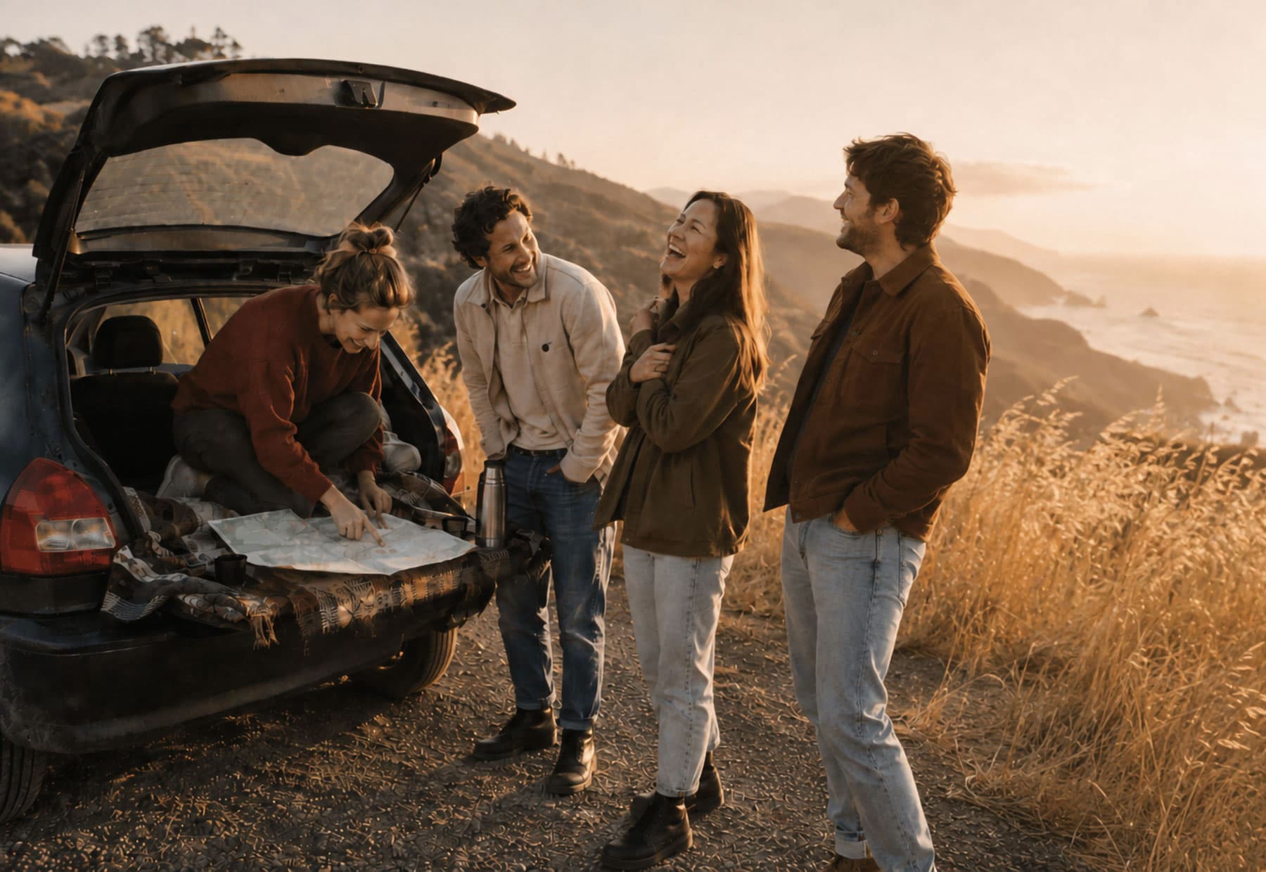 Four friends laughing beside an open car tailgate at a coastal pull-off, golden hour