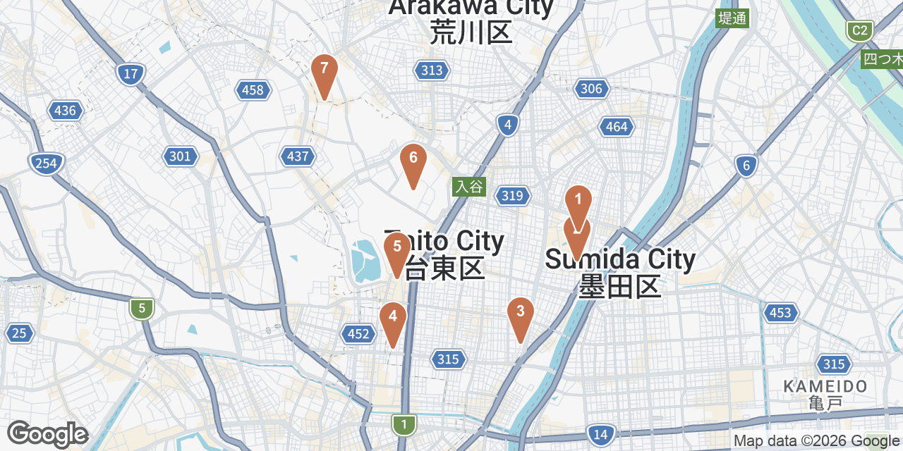 Day 1 on a map: 1. Sensō-ji, 2. Nakamise Shopping Street, 3. Dandelion Chocolate, Factory & Cafe Kuramae, 4. 2k540 Aki-Oka Artisan, 5. Ameyoko market, 6. Tokyo National Museum, 7. Yanaka Ginza
