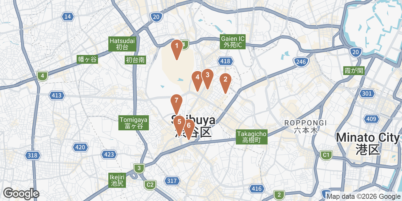Day 2 on a map: 1. Meiji Jingu, 2. Bread, Espresso &, 3. NOT CONVENTIONAL Harajuku, 4. Ōta Memorial Museum of Art, 5. Shibuya Scramble Crossing, 6. Shibuya Sky, 7. The SG Club