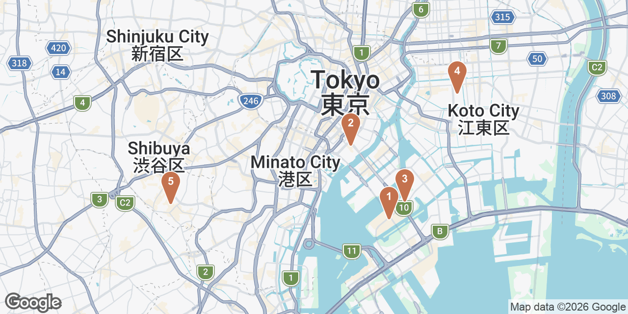 Day 3 on a map: 1. Toyosu Market, 2. Tsukiji Market, 3. teamLab Planets TOKYO DMM, 4. Museum of Contemporary Art Tokyo (MOT), 5. Trench