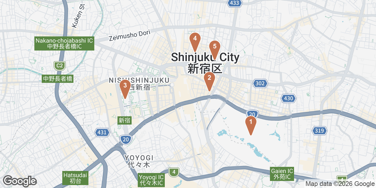 Day 4 on a map: 1. Shinjuku Gyoen National Garden, 2. Beams Japan, 3. Tokyo Metropolitan Government Building, 4. Godzilla Head, 5. Shinjuku Golden-Gai