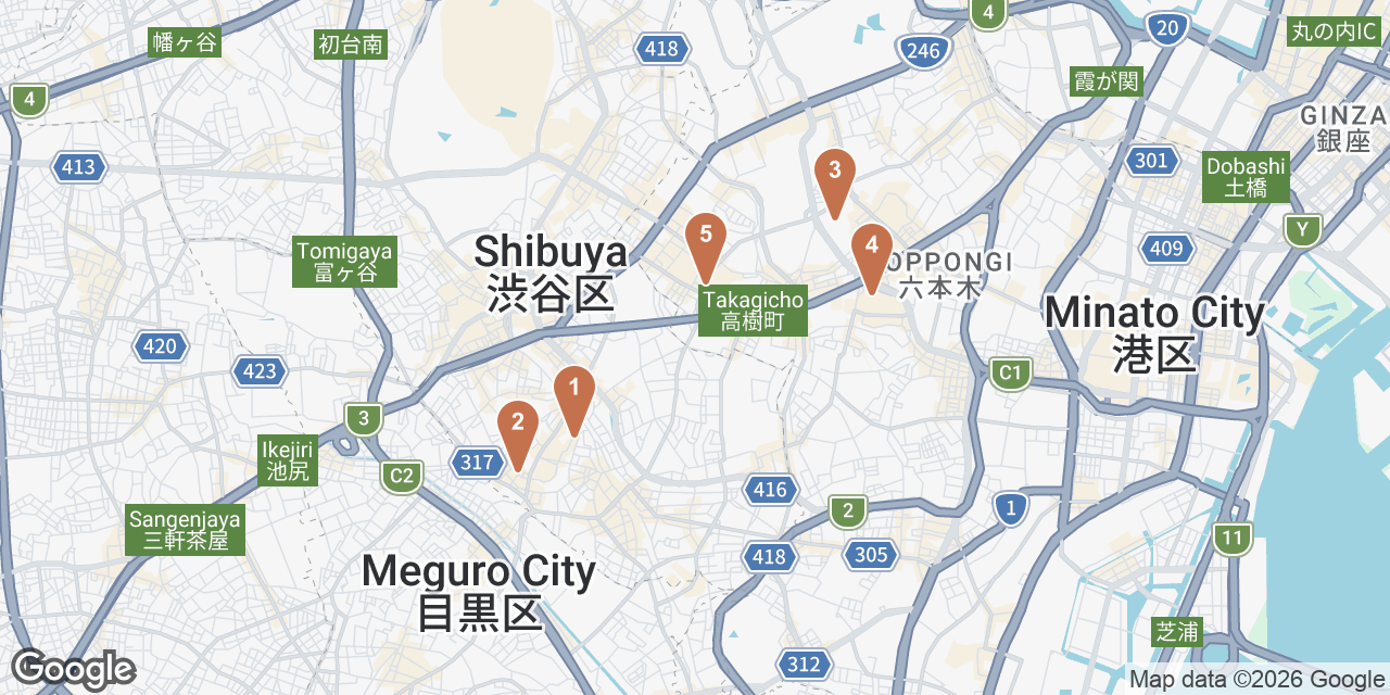 Day 5 on a map: 1. Garden House Crafts Daikanyama, 2. Okura, 3. The National Art Center, Tokyo, 4. Mori Art Museum, 5. Blue Note Tokyo