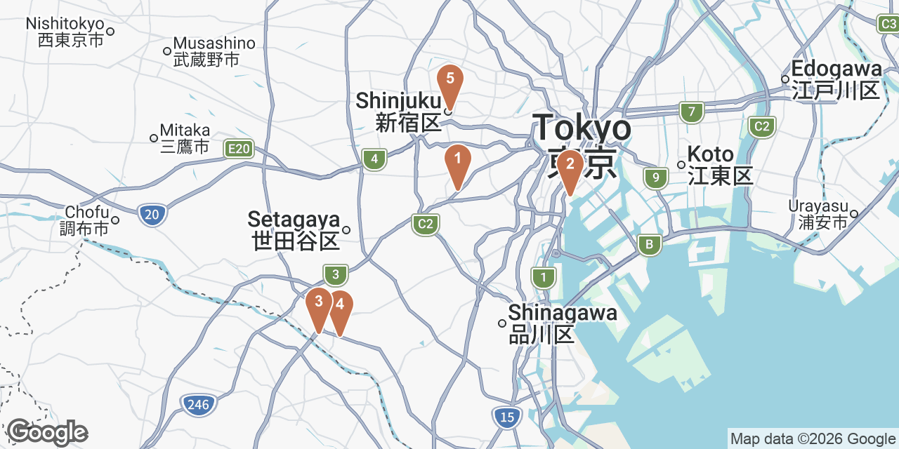 Day 6 on a map: 1. Aoyama Farmers Market, 2. Hamarikyu Gardens, 3. Todoroki Valley, 4. Todoroki Ravine Park, 5. Deathmatch in Hell