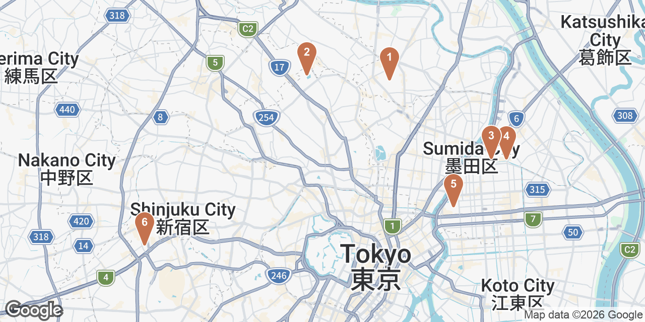 Day 7 on a map: 1. Higurashi Bakery, 2. Rikugien Gardens, 3. Tokyo Skytree, 4. Tokyo Skytree Town, 5. Edo-Tokyo Museum, 6. New York Bar