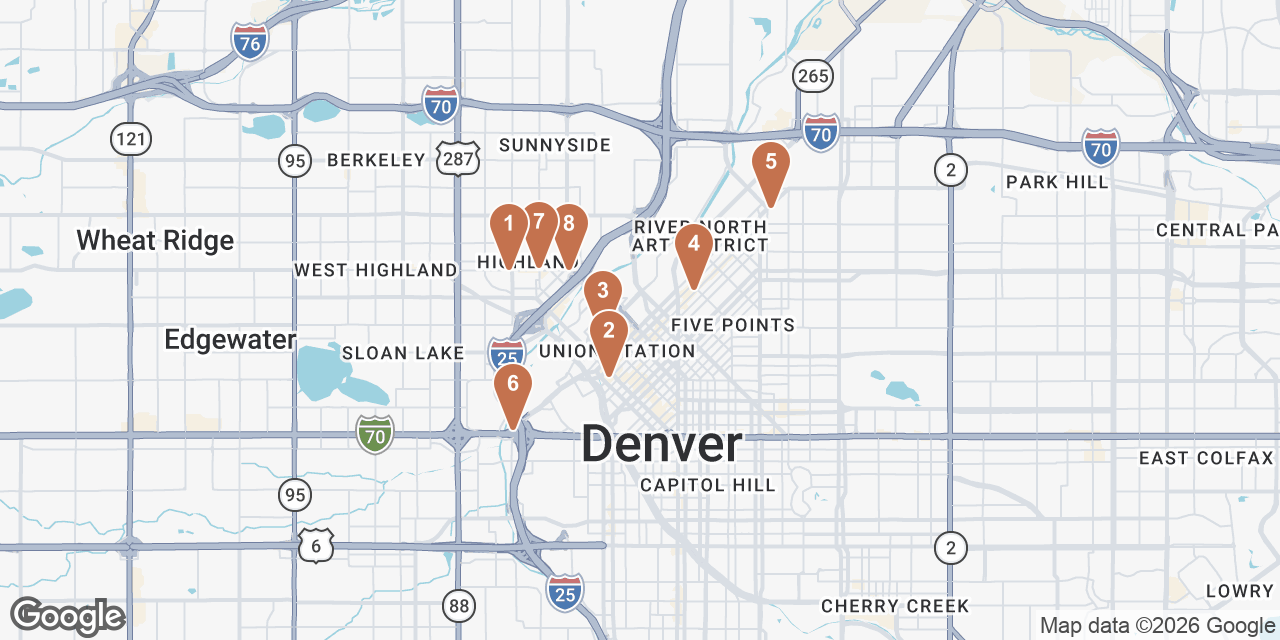 Day 1 on a map: 1. Wooden Spoon Cafe & Bakery, 2. Larimer Square, 3. Denver Union Station, 4. The Denver Central Market, 5. RiNo Beer Garden, 6. Meow Wolf Denver's Convergence Station, 7. Avanti Food & Beverage, 8. Williams & Graham