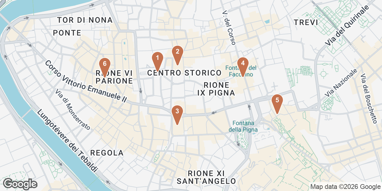 Day 1 on a map: 1. Sant' Eustachio Caffè, 2. Pantheon, 3. Largo di Torre Argentina, 4. Galleria Doria Pamphilj, 5. Le Domus Romane di Palazzo Valentini, 6. Cantina e Cucina
