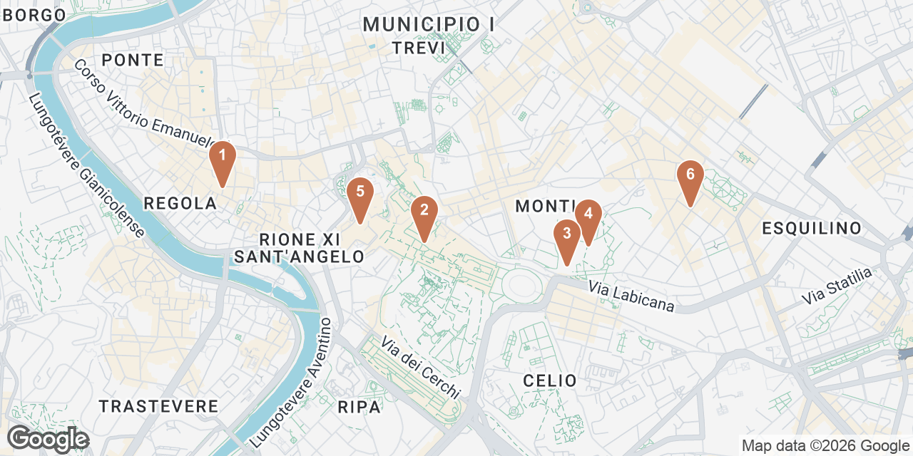 Day 2 on a map: 1. Antico Forno Roscioli, 2. Roman Forum, 3. Domus Aurea, 4. Colle Oppio and Terme di Traiano Park, 5. Capitoline Museums, 6. Trattoria Vecchia Roma