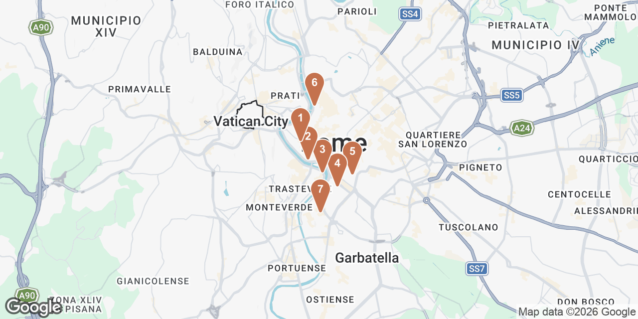 Day 3 on a map: 1. Barnum Roma, 2. Jewish Museum, 3. Campagna Amica Market, 4. The Orange Trees Garden, 5. Mouth of Truth, 6. Ara Pacis Museum, 7. Felice a Testaccio | ROMA