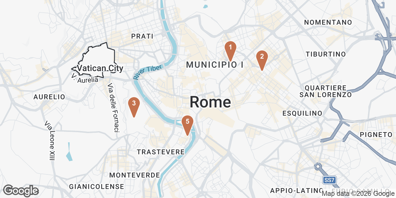Day 4 on a map: 1. Gallerie Nazionali di Arte Antica - Palazzo Barberini, 2. National Roman Museum - Palazzo Massimo alle Terme, 3. Botanical Garden of Rome, 5. Trattoria Da Enzo