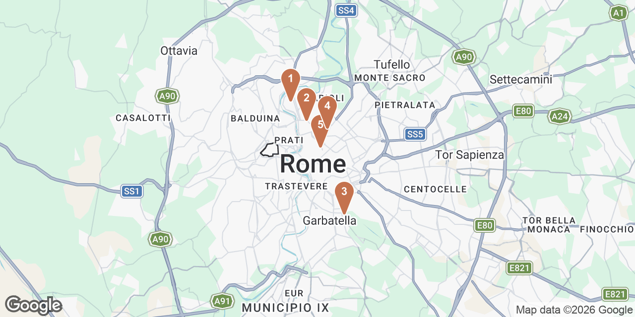 Day 5 on a map: 1. MAXXI - National Museum of 21st Century Art, 2. National Etruscan Museum of Villa Giulia, 3. Parco Regionale dell'Appia Antica, 4. Galleria Borghese, 5. Osteria Barberini
