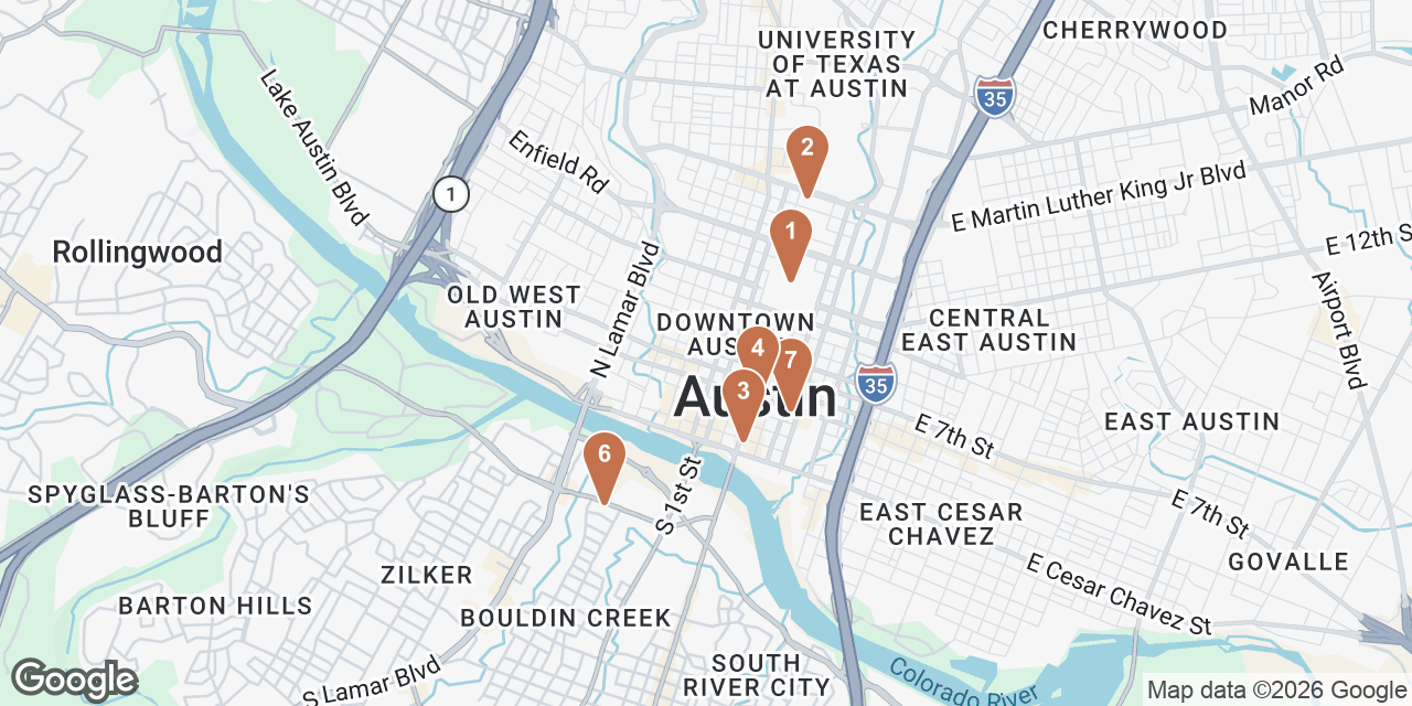 Day 1 on a map: 1. Texas Capitol, 2. Bullock Texas State History Museum, 3. Fareground Austin, 4. Mexic-Arte Museum, 6. Terry Black's Barbecue, 7. Antone's Nightclub