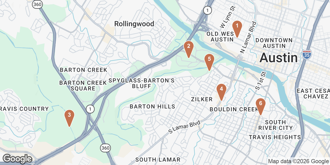 Day 2 on a map: 1. Swedish Hill, 2. Zilker Metropolitan Park, 3. Barton Creek Greenbelt, 4. Odd Duck, 5. Umlauf Sculpture Garden + Museum, 6. The Continental Club