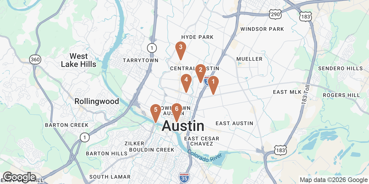 Day 3 on a map: 1. Sour Duck Market, 2. LBJ Presidential Library, 3. Wheatsville Food Co-op, 4. Blanton Museum of Art, 5. Pfluger Pedestrian Bridge, 6. Elephant Room