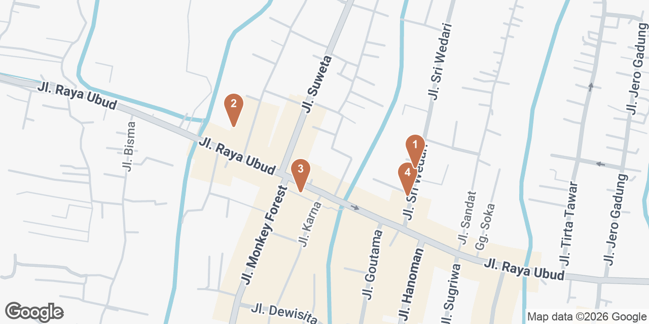 Day 1 on a map: 1. Seniman Coffee, 2. Ubud Water Palace, 3. Ubud Art Market, 4. Hujan Locale