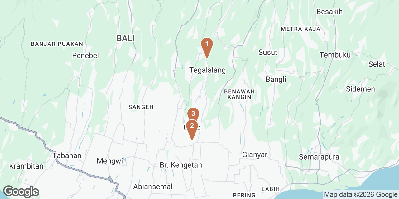 Day 2 on a map: 1. Tegallalang Rice Terrace, 2. Jaens Spa Center Ubud, 3. This Is Bali - Balinese Food & Desserts