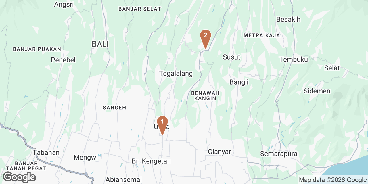 Day 3 on a map: 1. Monsieur Spoon Ubud, 2. Pura Tirta Empul