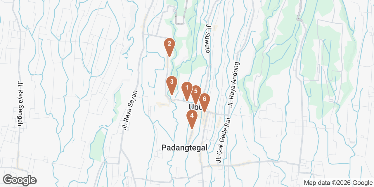 Day 4 on a map: 1. Museum Puri Lukisan, 2. Neka Art Museum, 3. Campuhan Ridge Walk, 4. INKA Ubud Spa, 5. Casa Luna, 6. Night Rooster