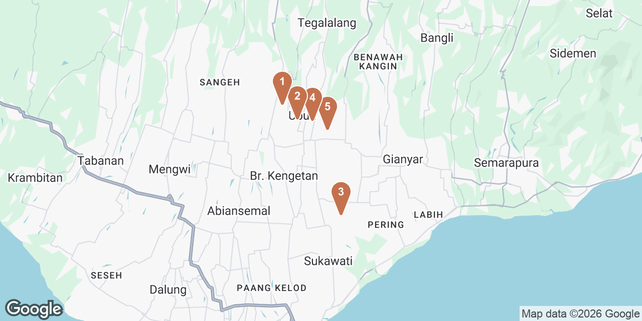 Day 5 on a map: 1. Kajeng Rice Field, 2. Bake Pastry and Coffee, 3. Tegenungan Waterfall, 4. Sang Spa and Yoga Centre, 5. Bebek Bengil