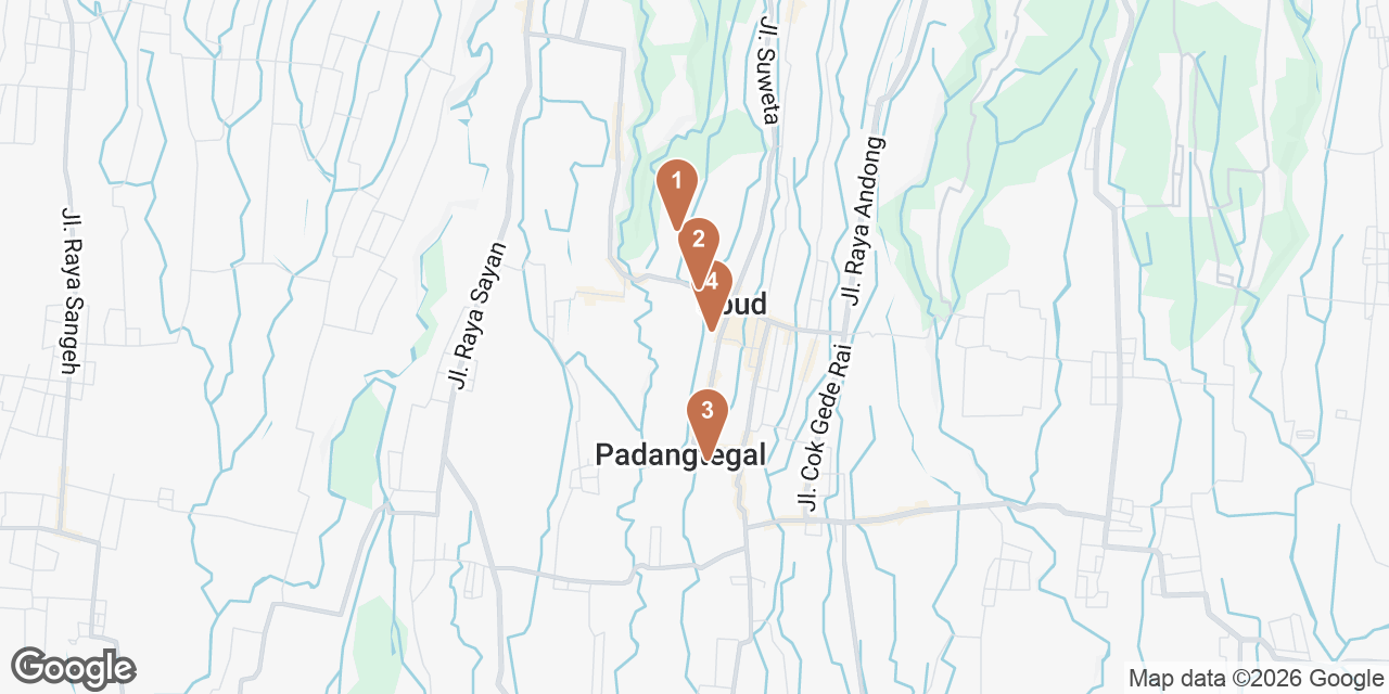 Day 6 on a map: 1. Sari Organic Walk, 2. Daily Baguette Ubud, 3. Sacred Monkey Forest Sanctuary, 4. Lokal Bar Ubud