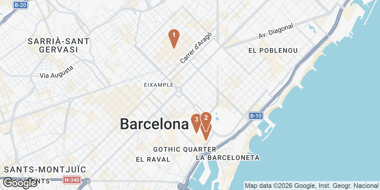 Day 2 on a map: 1. Basilica of the Sagrada Familia, 2. El Born Centre de Cultura i Memòria, 3. Picasso Museum Barcelona, 4. Paradiso