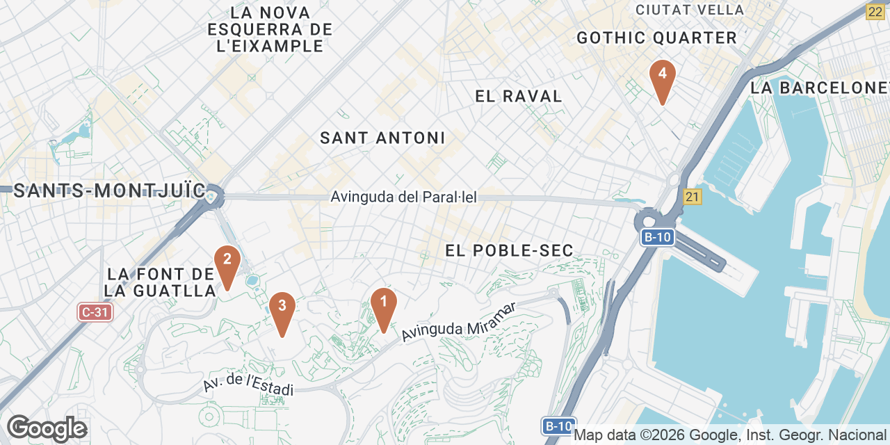 Day 3 on a map: 1. Fundació Joan Miró, 2. Mies van der Rohe Pavilion, 3. Museu Nacional d'Art de Catalunya, 4. Bodega Biarritz 1881