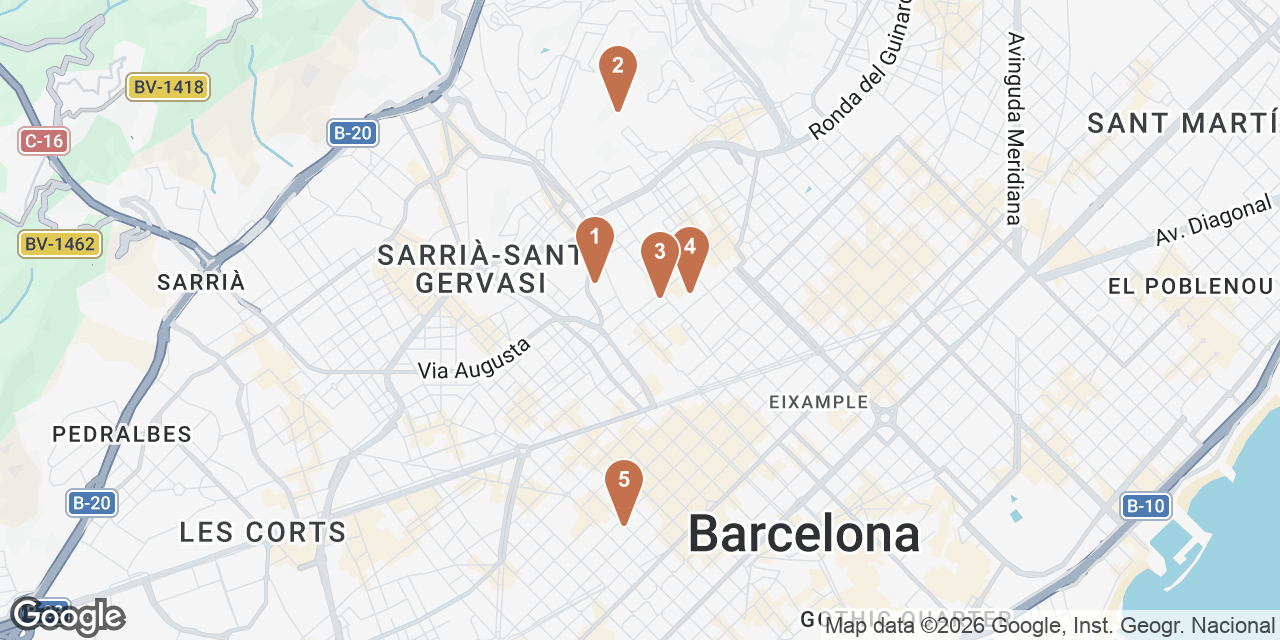 Day 4 on a map: 1. Casa Vicens Gaudí, 2. Park Güell, 3. Candela Canela - Best Specialty Coffee & Cinnamon Rolls, 4. Nook - The Concept Store, 5. Disfrutar