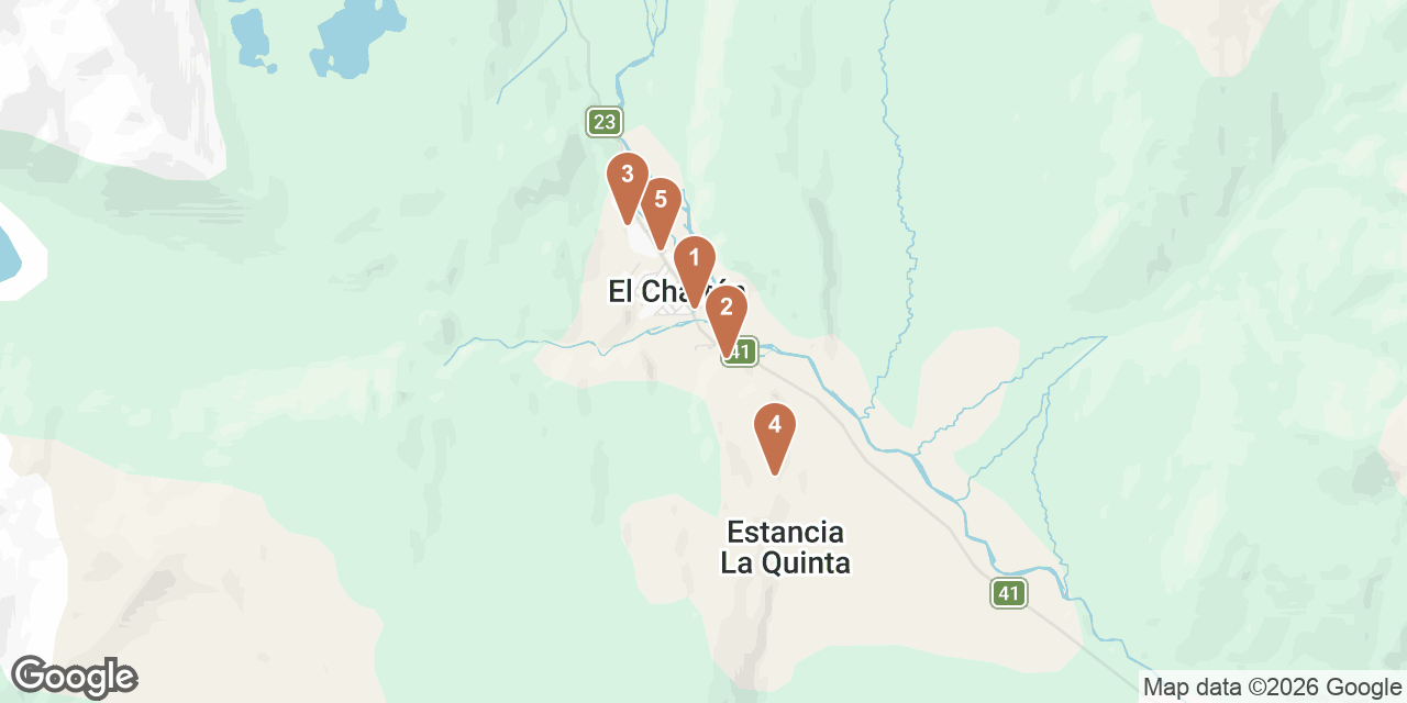 Day 1 on a map: 1. Centro de Informes Turisticos, 2. Mirador de los Cóndores, 3. Alpine Patagonia, 4. Mirador de las Águilas, 5. Fuegia Bistro