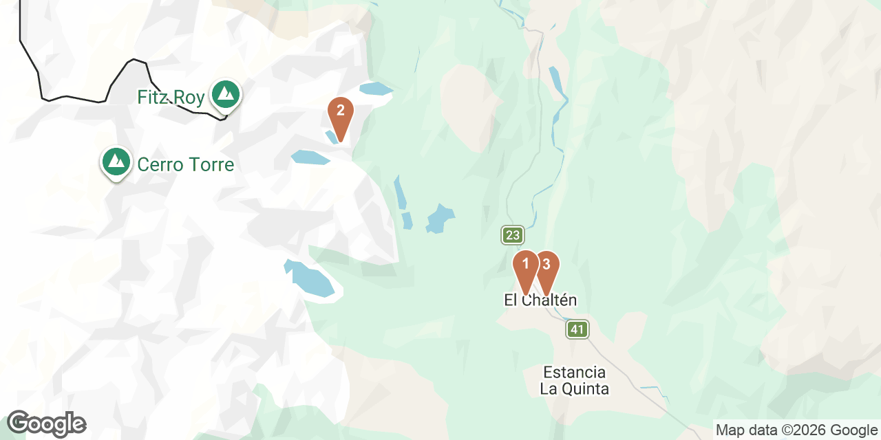 Day 2 on a map: 1. BANNETON Panadería, 2. Laguna de los Tres, 3. The Asadores