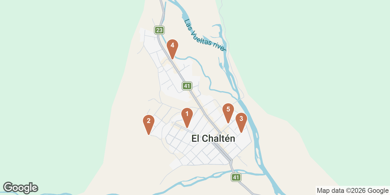 Day 3 on a map: 1. PAISA High Mountain Coffee - café de especialidad - cafe colombiano - cafe de montaña, 2. Laguna Torre Trail, 3. Chalten Mountain Guides, 4. LaZorra Taproom Chaltén, 5. Butch, Bar de Carnes