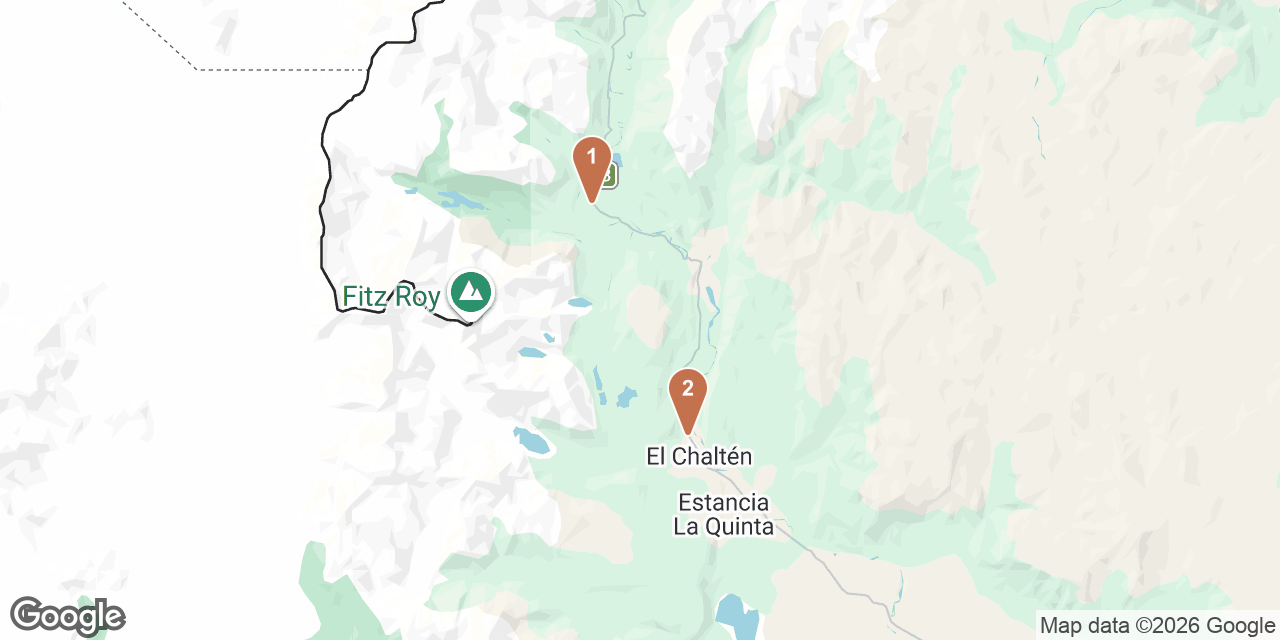 Day 5 on a map: 1. Estancia Los Huemules, 2. El Muro Restaurante