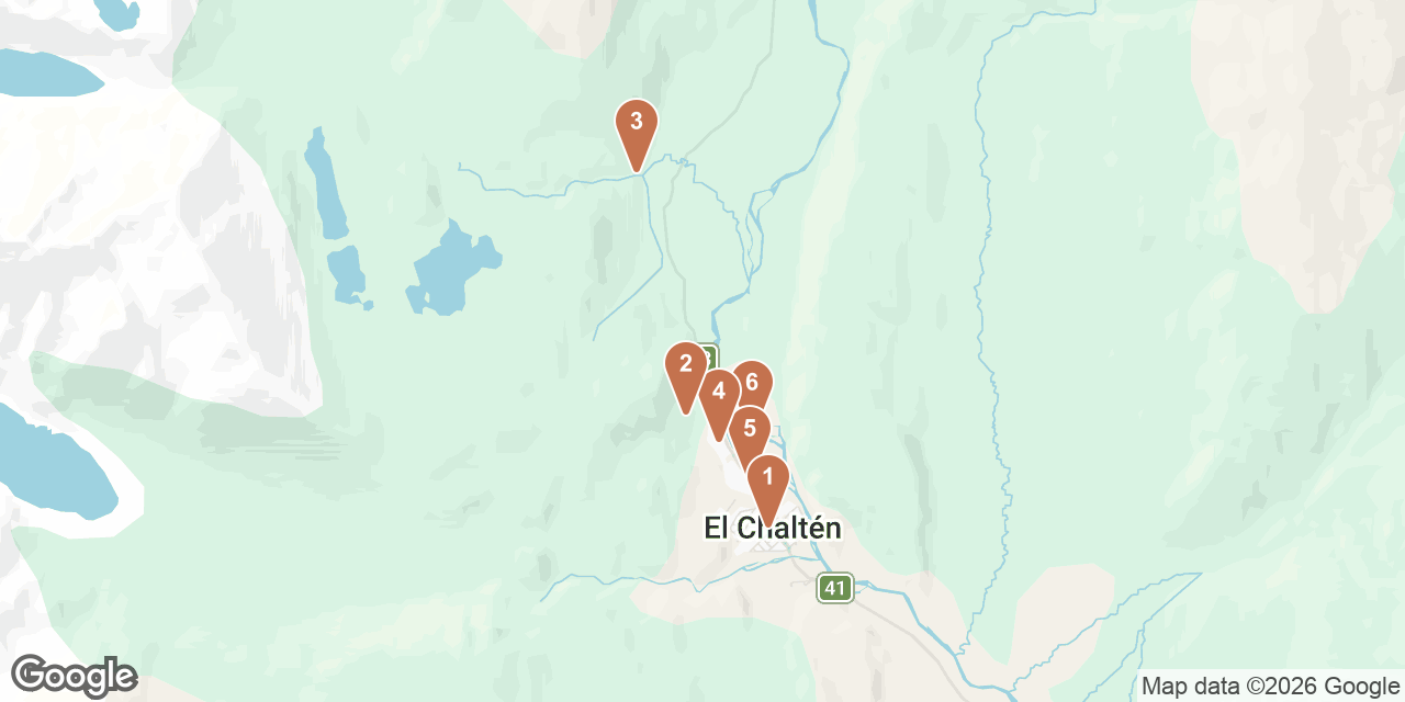 Day 6 on a map: 1. Panaderia Y Cafeteria "Lo De Haydee", 2. Fitzroy and 3 Lagoons Trail, 3. Chorrillo del Salto, 4. Roots Patagonia, 5. Bourbon Smokehouse, 6. Lito Restorán