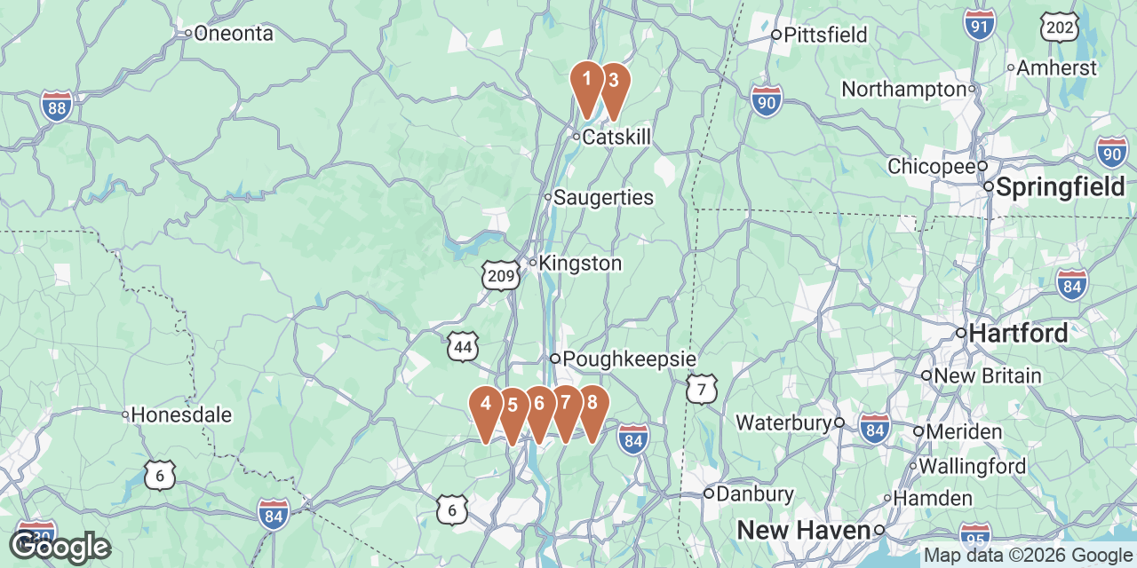 Day 1 on a map: 1. Mel The Bakery, 3. Hudson Farmers Market, 4. Scenic Hudson's Long Dock Park, 5. Dia Beacon, 6. Beacon Flea Market, 7. Hudson Valley Food Hall, 8. The Roosevelt Bar