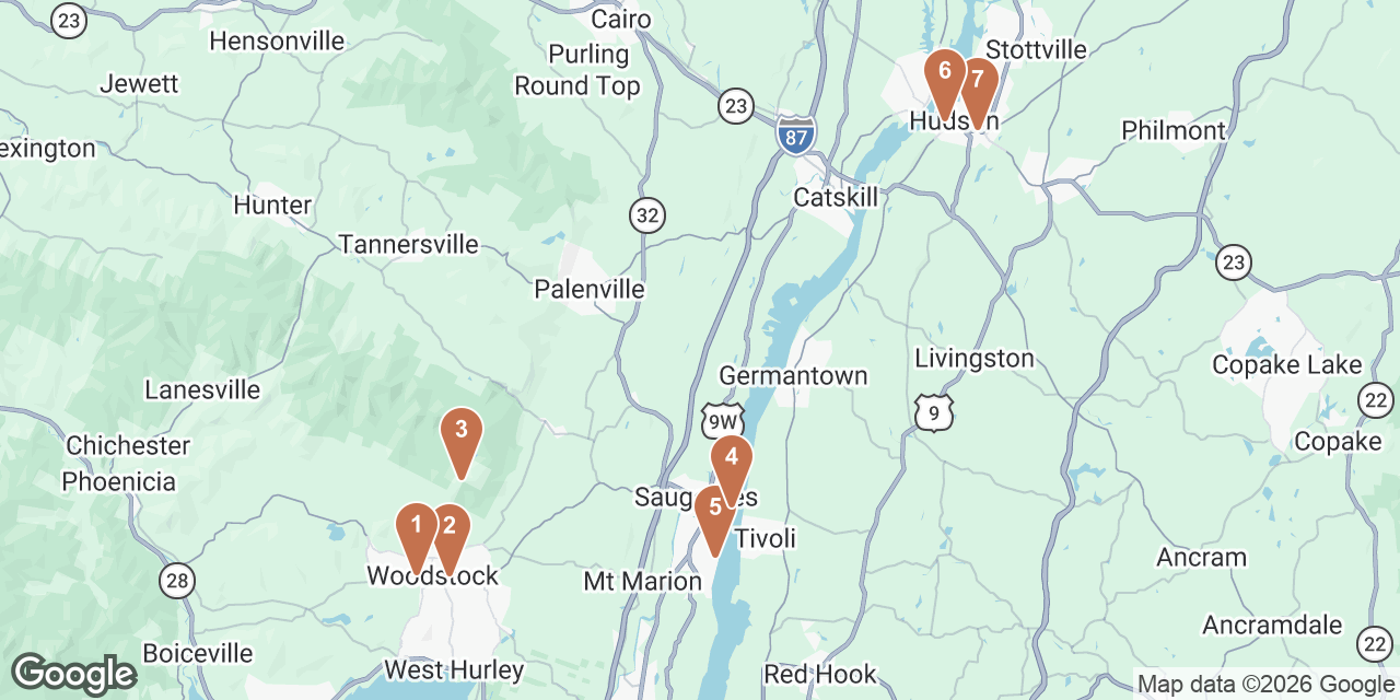 Day 2 on a map: 1. Bread Alone - Woodstock, 2. Mower's Saturday Sunday Flea Market, 3. Overlook Mountain House ruins, 4. Saugerties Lighthouse, 5. Falling Waters Preserve, 6. BackBar, 7. The Hereafter
