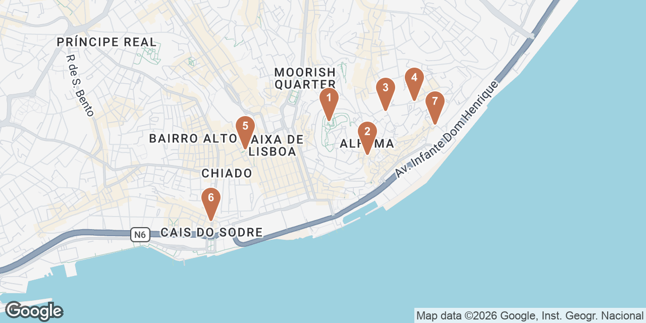 Day 1 on a map: 1. Castelo de São Jorge, 2. Miradouro de Santa Luzia, 3. Fora Artisan Pastry, 4. Feira da Ladra, 5. Carmo Archaeological Museum, 6. Pensão Amor, 7. Taberna Sal Grosso