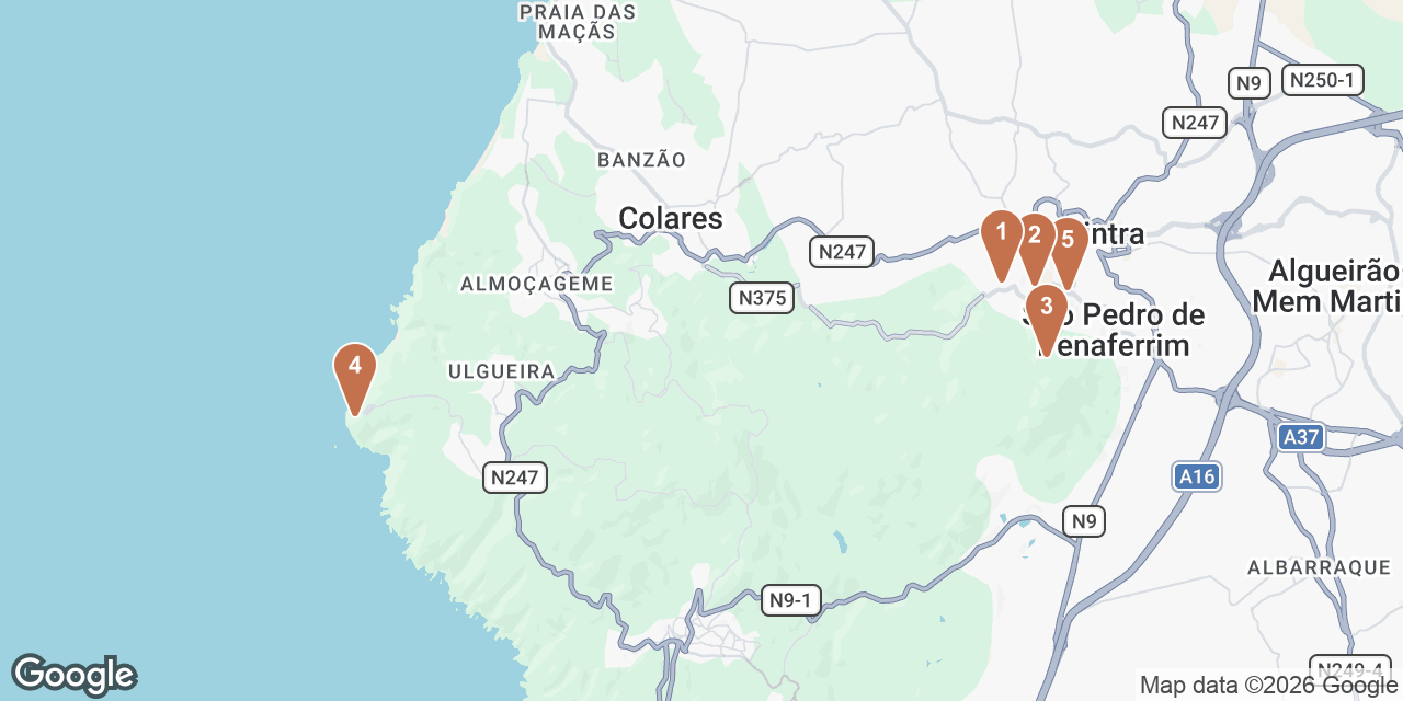 Day 2 on a map: 1. Casa Piriquita, 2. Quinta da Regaleira, 3. National Palace of Pena, 4. Cape Roca, 5. Tascantiga