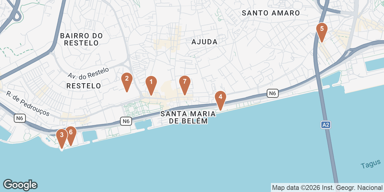Day 3 on a map: 1. Pastéis de Belém, 2. Jerónimos Monastery, 3. Belém Tower, 4. MAAT - Museum of Art, Architecture and Technology, 5. LX Factory, 6. Wine With a View - Torre de Belém, 7. O Prado