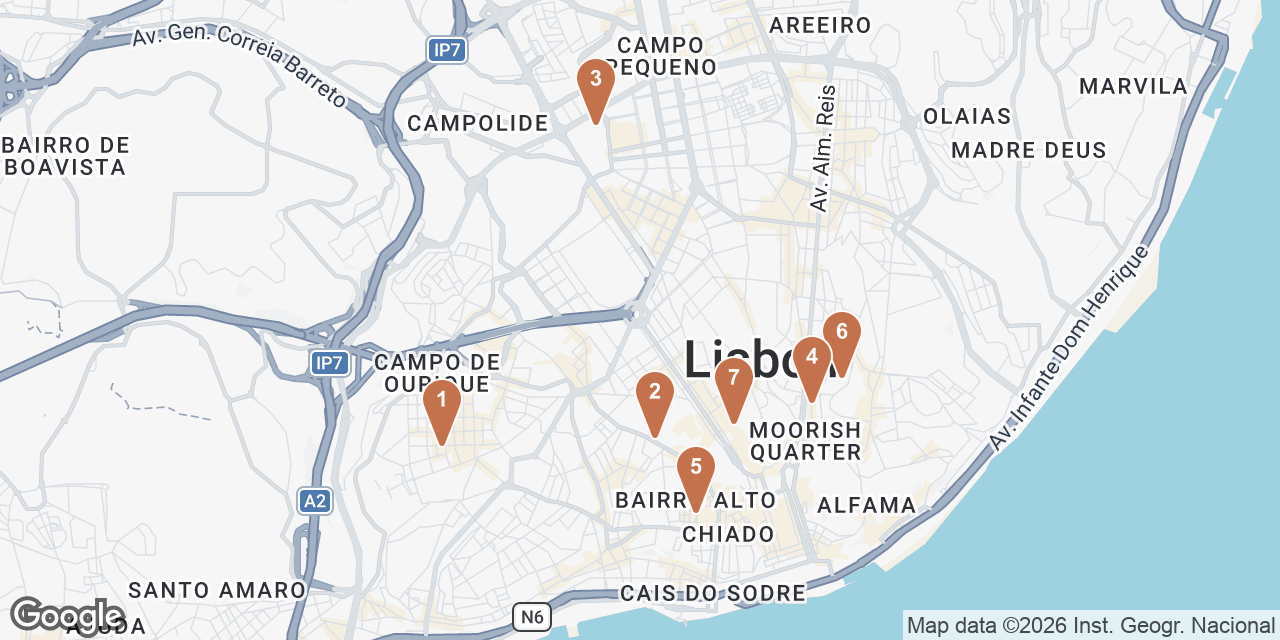 Day 4 on a map: 1. Mercado de Campo de Ourique, 2. EmbaiXada, 3. Calouste Gulbenkian Museum, 4. Our Lady of the Mount Viewpoint, 5. A Nossa Casa, 6. Casa Independente, 7. Solar dos Presuntos