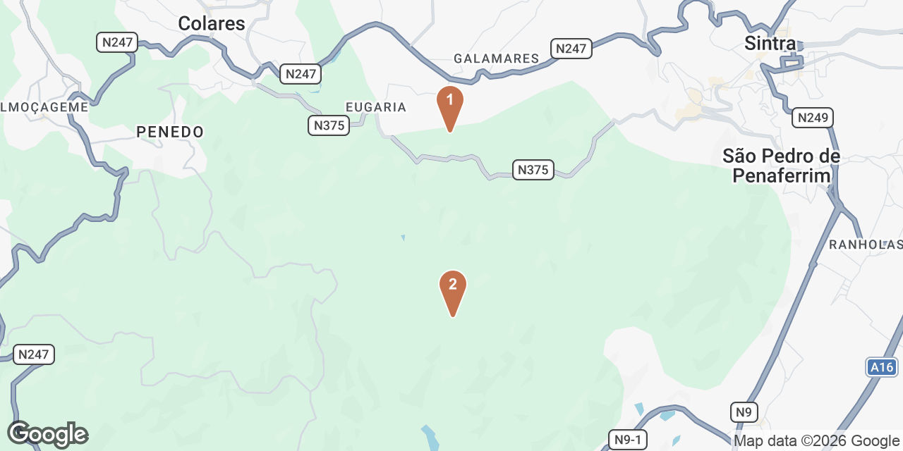 Day 5 on a map: 1. Park and Palace of Monserrate, 2. Parque Natural de Sintra-Cascais