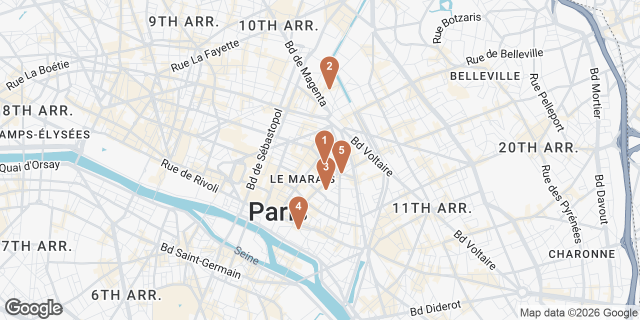 Day 1 on a map: 1. Marché couvert des Enfants Rouges, 2. Du Pain et des Idées, 3. Musée National Picasso-Paris, 4. Au Bourguignon du Marais, 5. Le Mary Celeste