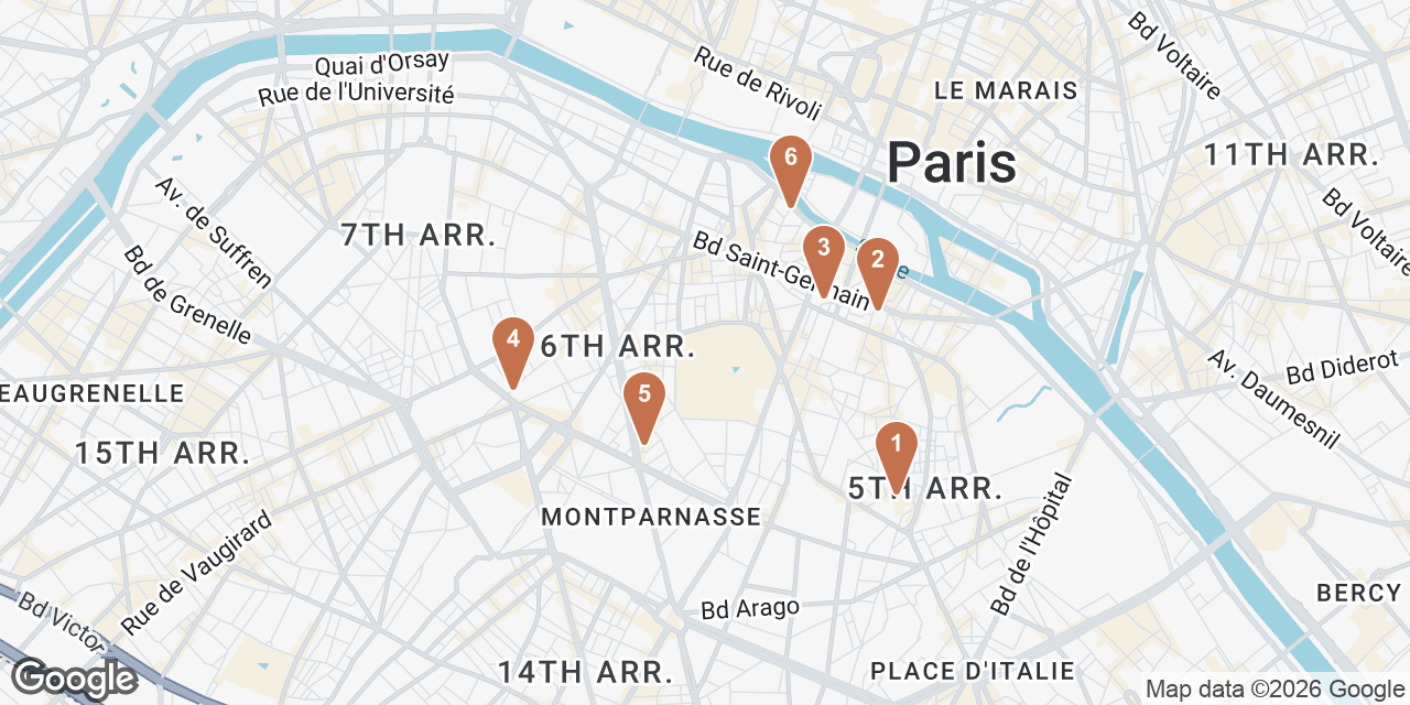 Day 2 on a map: 1. Rue Mouffetard Market, 2. La Maison d'Isabelle, 3. Musée de Cluny, 4. Joséphine Chez Dumonet, 5. La Quincave, 6. Lapérouse