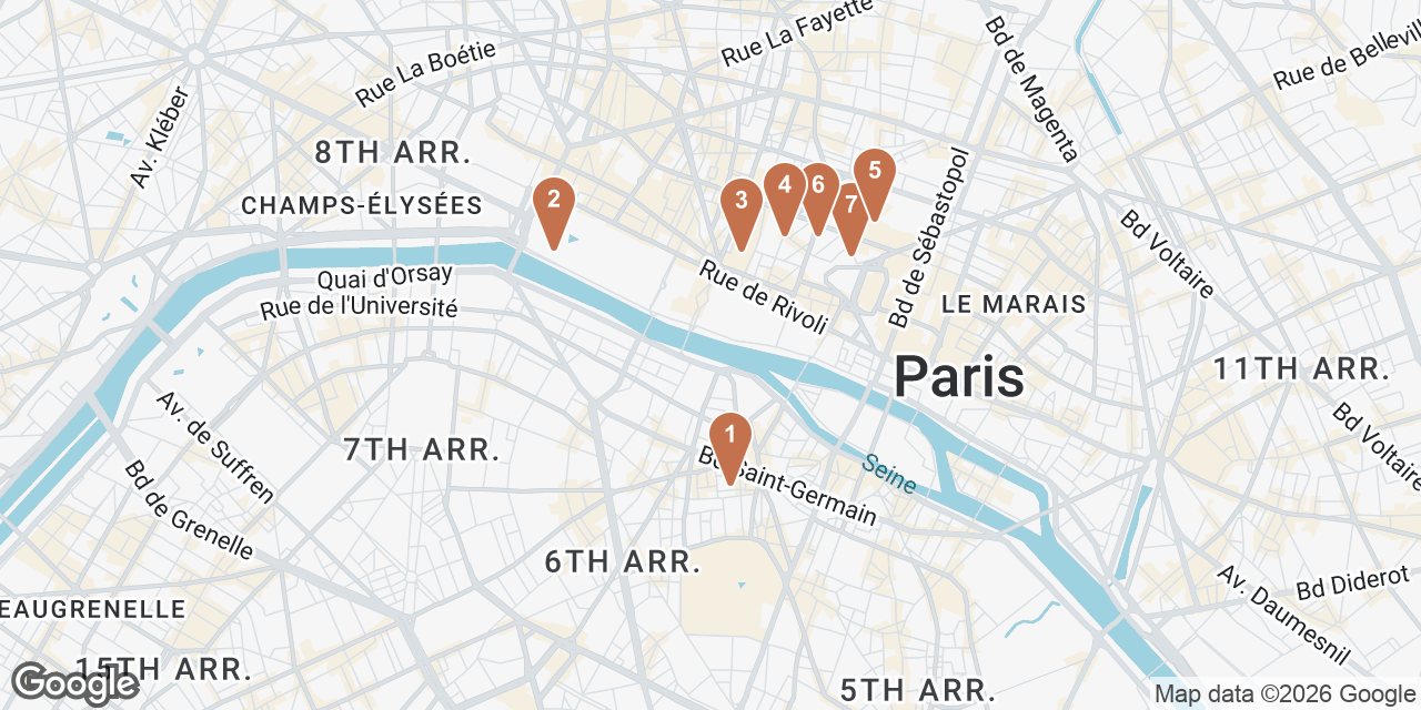 Day 3 on a map: 1. Marché Alimentaire Saint-Germain, 2. Musée de l'Orangerie, 3. Domaine National du Palais-Royal, 4. Comptoir de la Gastronomie Montmartre, 5. Stohrer, 6. L'Envers - Cave et Bar à Vin - Wine bar and Wine shop, 7. Au Pied de Cochon