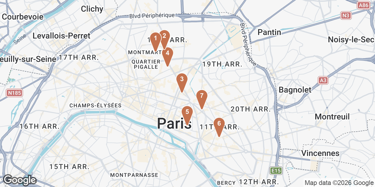 Day 4 on a map: 1. Basilique du Sacré-Cœur de Montmartre, 2. Sacrée Fleur Montmartre, 3. Marché couvert Saint-Martin, 4. Brasserie Bellanger, 5. Musée Cognacq-Jay, 6. Septime La Cave, 7. Ober Mamma