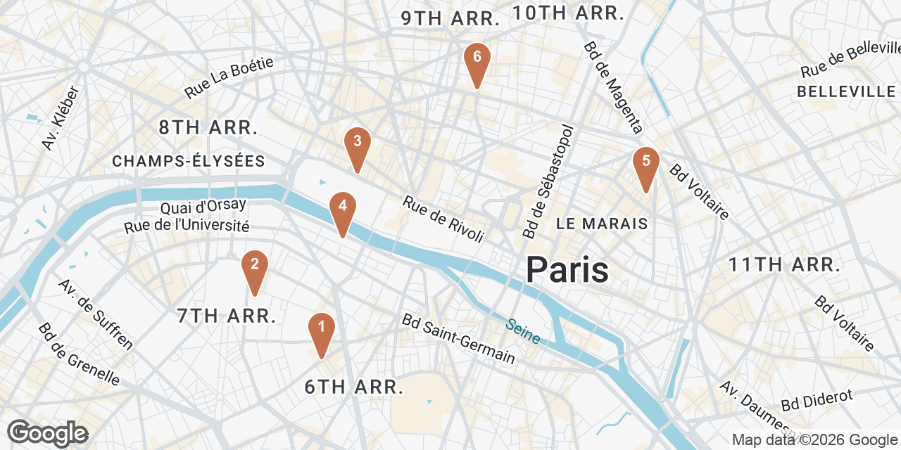 Day 5 on a map: 1. La Grande Épicerie de Paris, 2. Musée Rodin, 3. Angelina, 4. Musée d'Orsay, 5. Little Red Door, 6. Bouillon Chartier Grands Boulevards