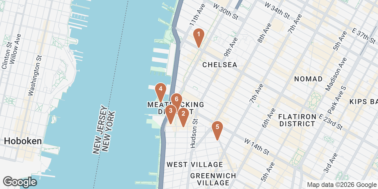 Day 1 on a map: 1. The High Line, 2. Pastis, 3. Whitney Museum of American Art, 4. Little Island, 5. Don Angie, 6. The Standard Biergarten