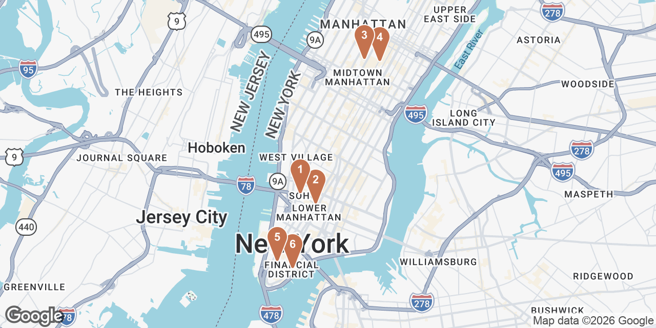 Day 2 on a map: 1. Dominique Ansel Bakery, 2. Balthazar, 3. Top of The Rock, 4. Rockefeller Center, 5. Manhatta, 6. Crown Shy