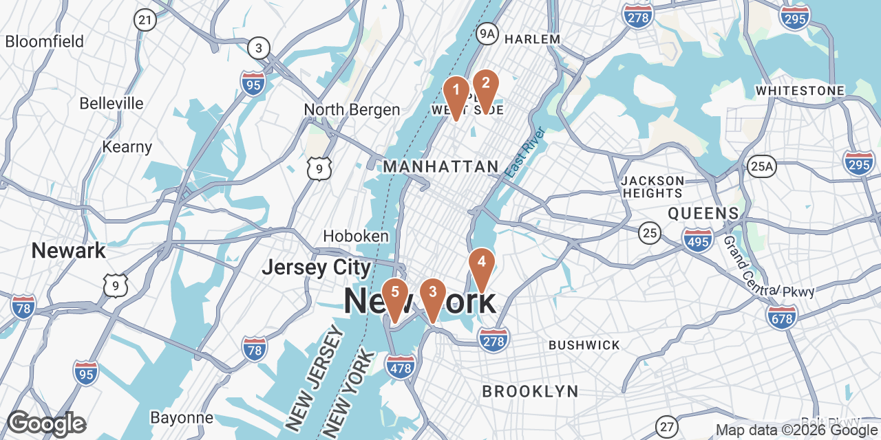 Day 3 on a map: 1. Levain Bakery, 2. Central Park, 3. Time Out Market New York, 4. Domino Park, 5. The Dead Rabbit